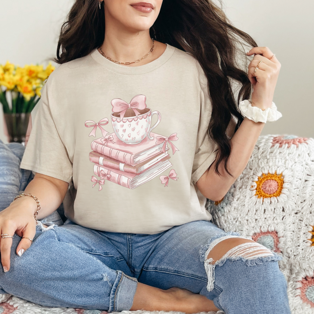 Cozy Reading Vibes Tee, Perfect Gift for Book Lovers, Soft Cotton T-Shirt with Cute Coffee and Book Design, Ideal for Birthdays, Cozy